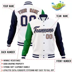 White Navy-White Raglan Varsity Full-Snap Letterman Jacket 4
