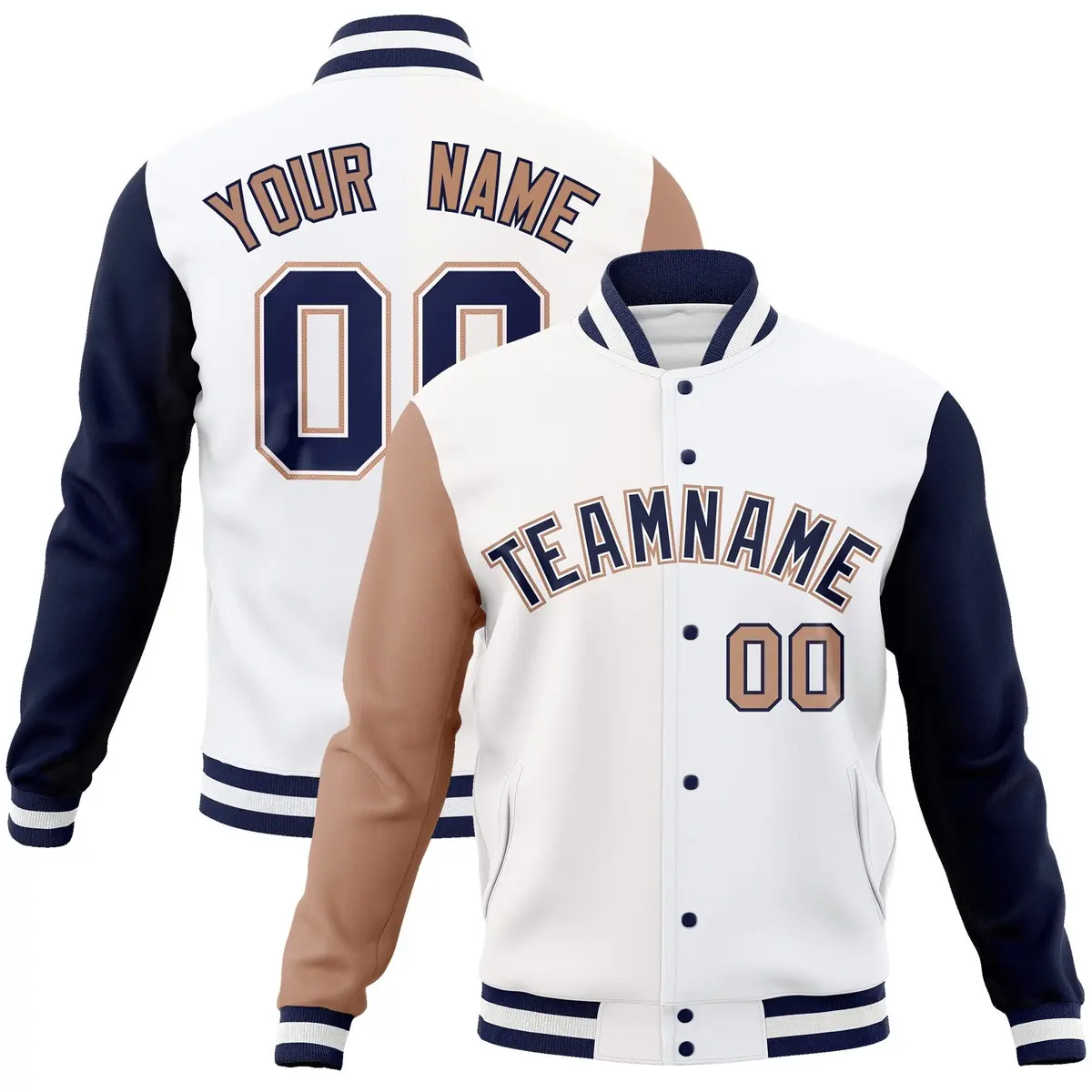 White Navy-White Raglan Varsity Full-Snap Letterman Jacket