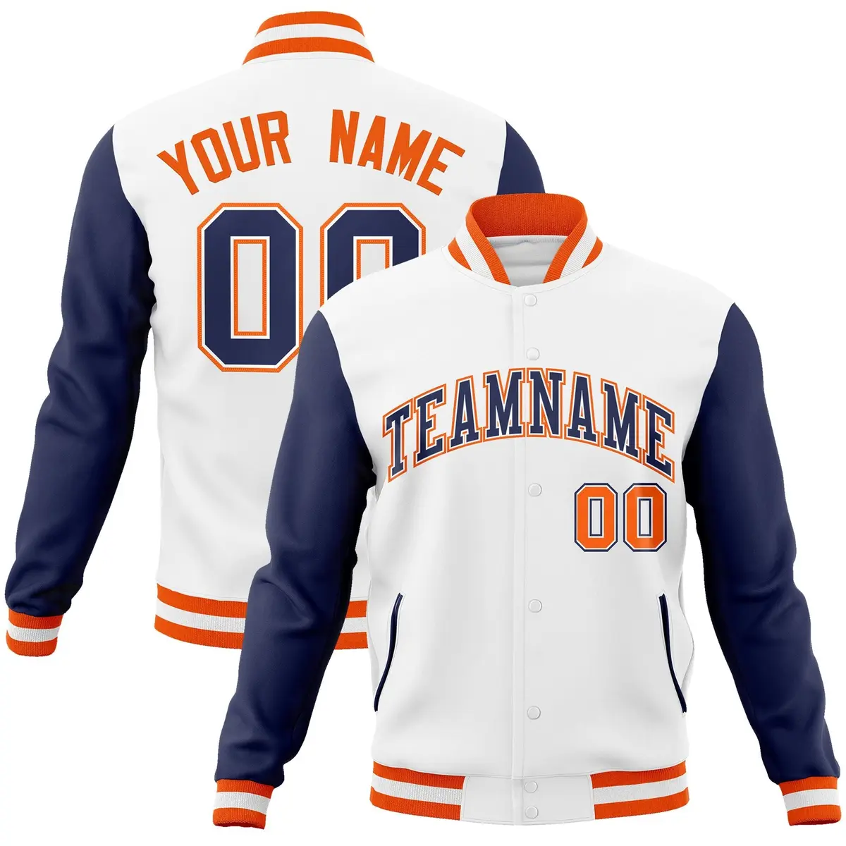 White Navy-White Raglan Varsity Full-Snap Letterman Jacket