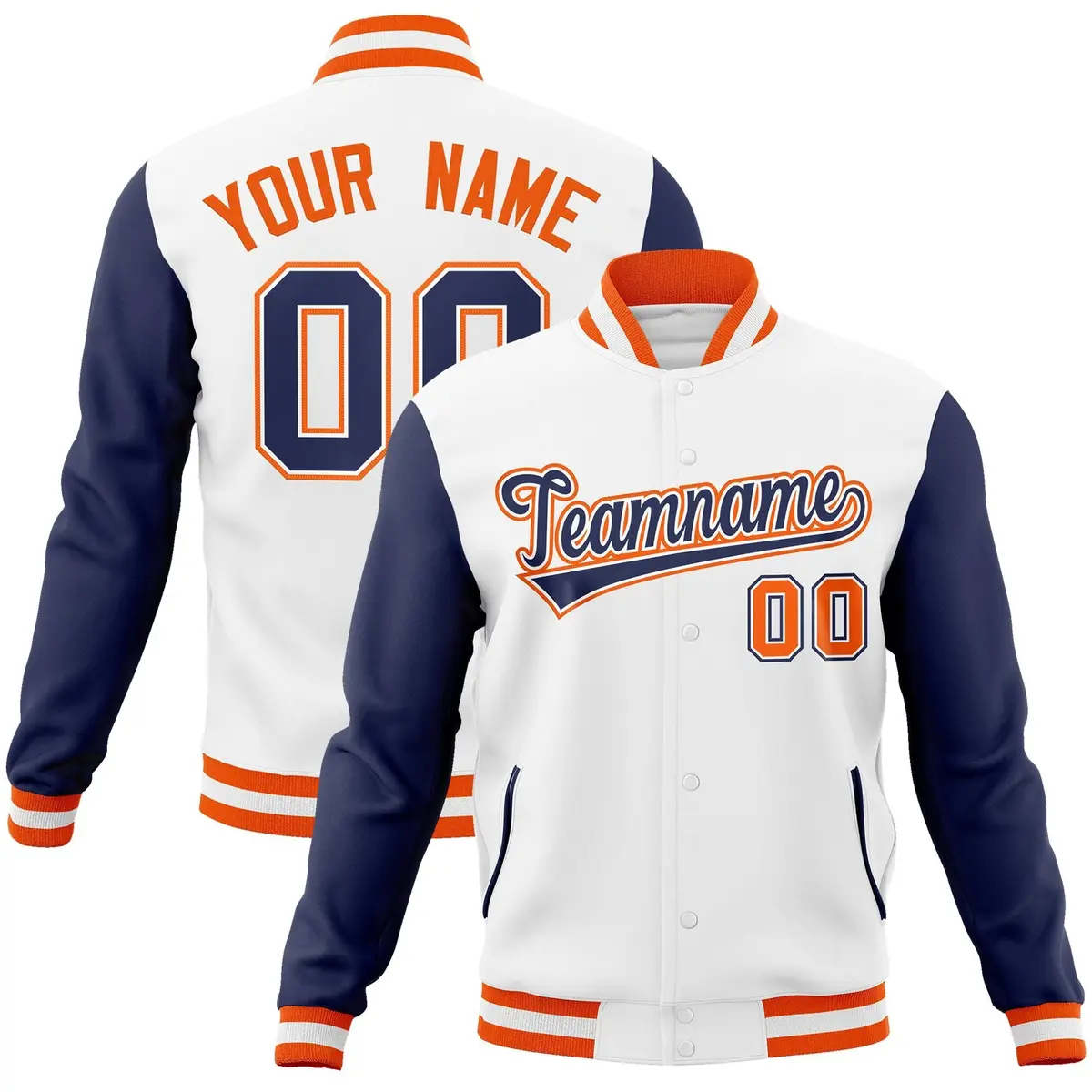 White Navy-White Raglan Varsity Full-Snap Letterman Jacket