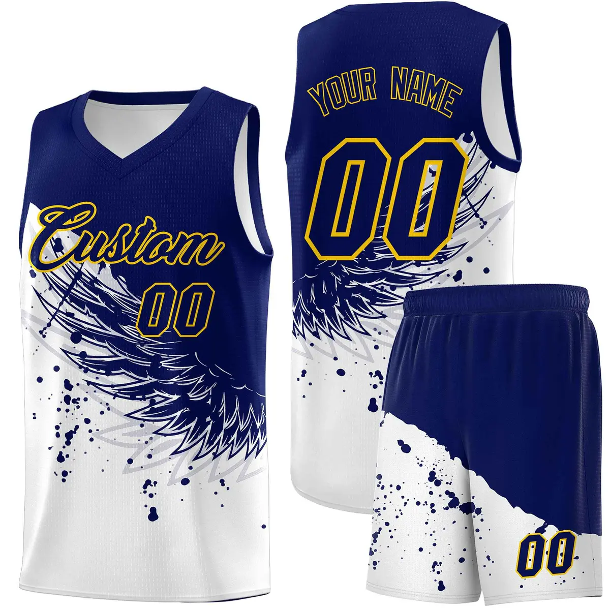 White Navy Wing Pattern Basketball Jersey Sports Uniform