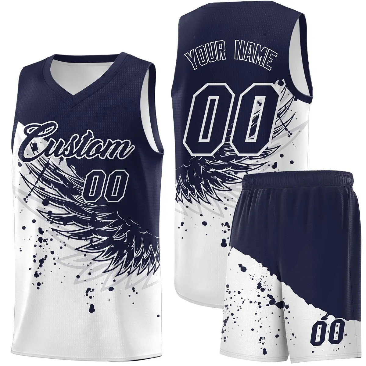 White Navy Wing Pattern Basketball Jersey Sports Uniform