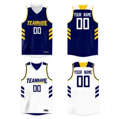 White Navy-Yellow Double Side Men/Boy Basketball Jersey 1