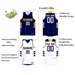 White Navy-Yellow Double Side Men/Boy Basketball Jersey 2