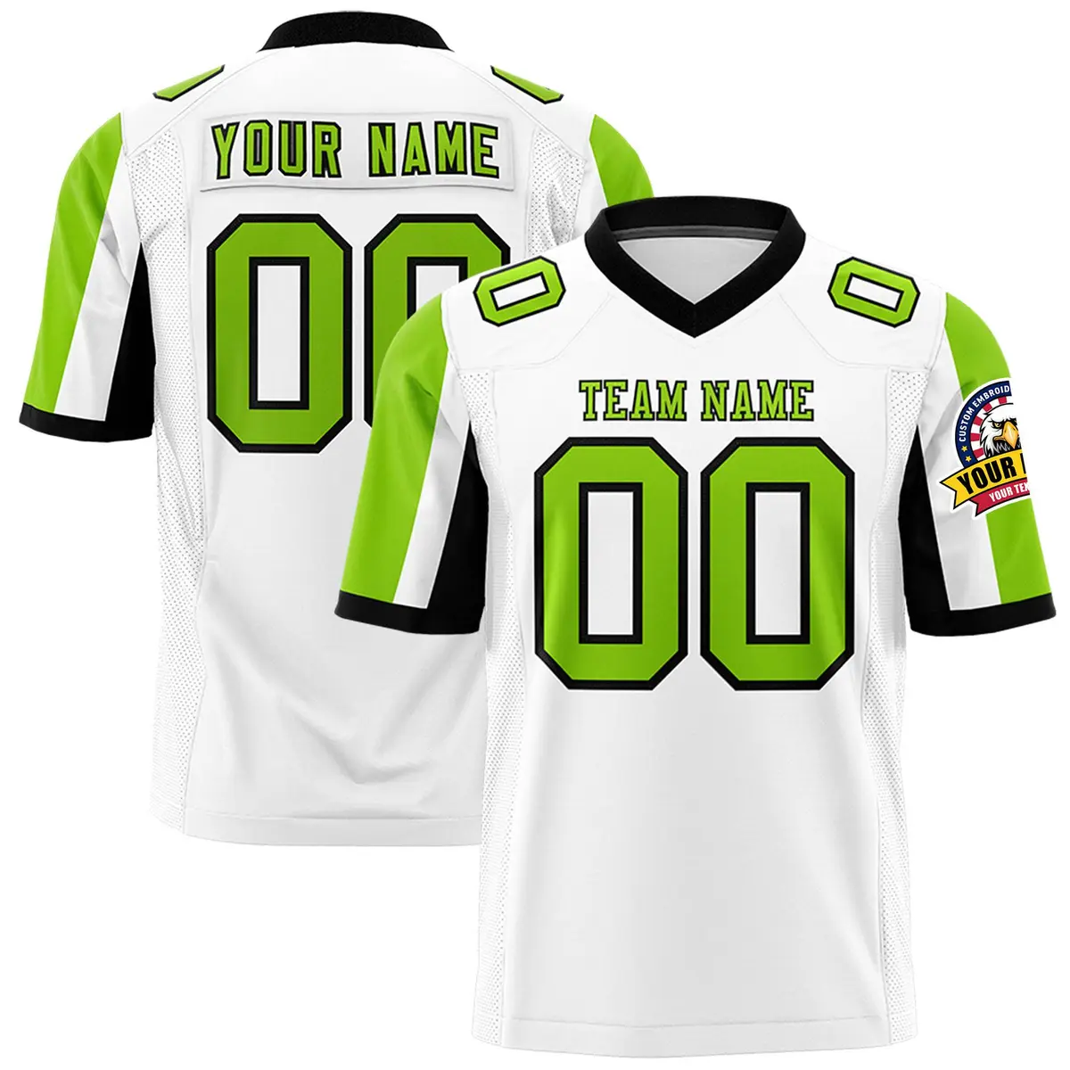 White Neon Green-Black Color Block Raglan Football Jersey