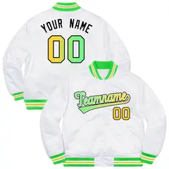 White Neon Green-Black Gradient Letterman Bomber Jacket