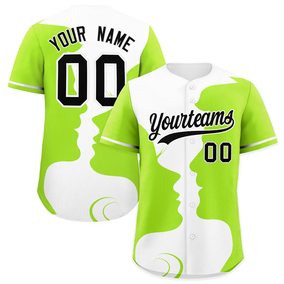 White Neon Green Couple Silhouettes Valentine's Day Baseball Jersey