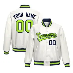 White Neon Green Full-Snap Varsity Faux Leather Letterman Jacket 1