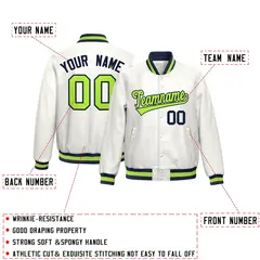 White Neon Green Full-Snap Varsity Faux Leather Letterman Jacket 2