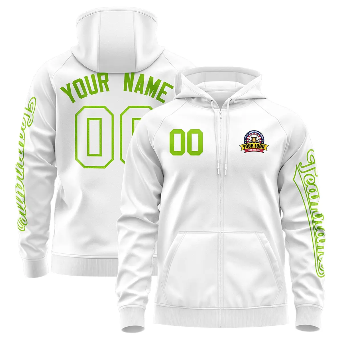 White Neon Green Full-Zip Varsity Letterman Jacket Hoodie