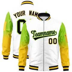 White Neon Green-Gold Raglan Gradient Full-Zip Varsity Letterman Bomber Jacket