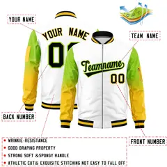 White Neon Green-Gold Raglan Gradient Full-Zip Varsity Letterman Bomber Jacket 2