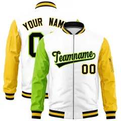 White Neon Green Gold Varsity Letterman Bomber Jacket Full-Zip Raglan 1