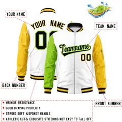 White Neon Green Gold Varsity Letterman Bomber Jacket Full-Zip Raglan 2