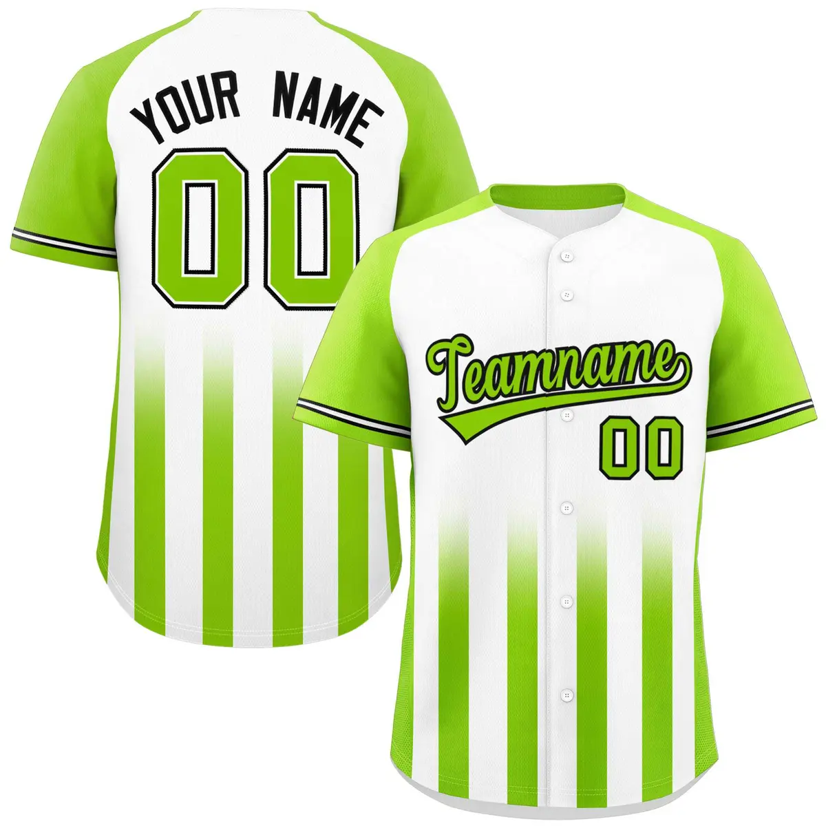 White Neon Green Gradient Thick Stripe Raglan Baseball Jersey