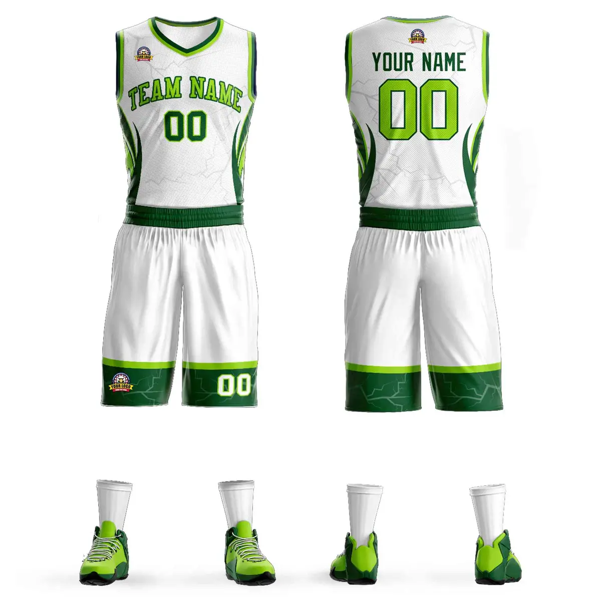 White Neon Green Green Graffiti Lightning Basketball Jersey