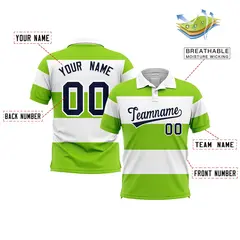 White-Neon Green Horizontal Stripe Performance Polo Shirt 2