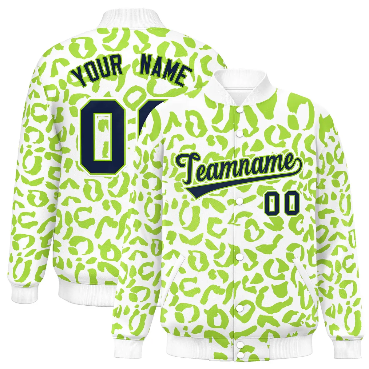 White Neon Green Leopard Graffiti Varsity Letterman Jacket