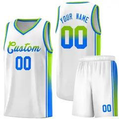 White Neon Green-Light Blue Gradient Basketball Jersey