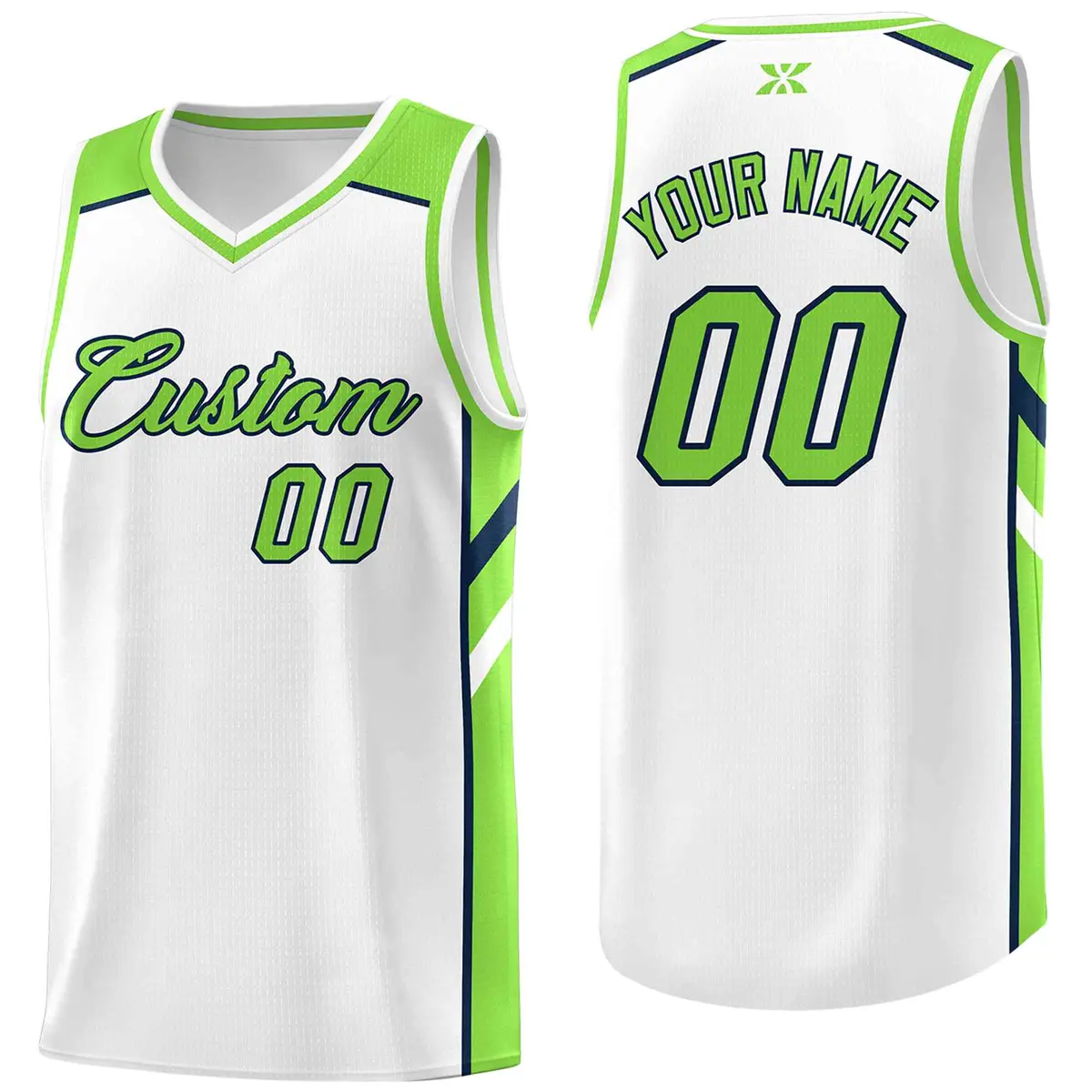White Neon Green-Navy Classic Mesh Sport Basketball Jersey