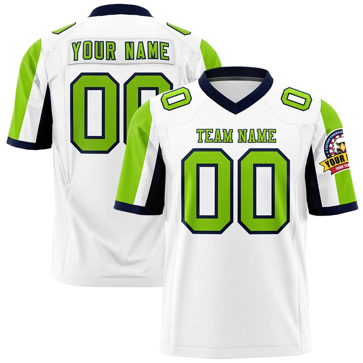 White Neon Green-Navy Color Block Raglan Sleeves Football Jersey