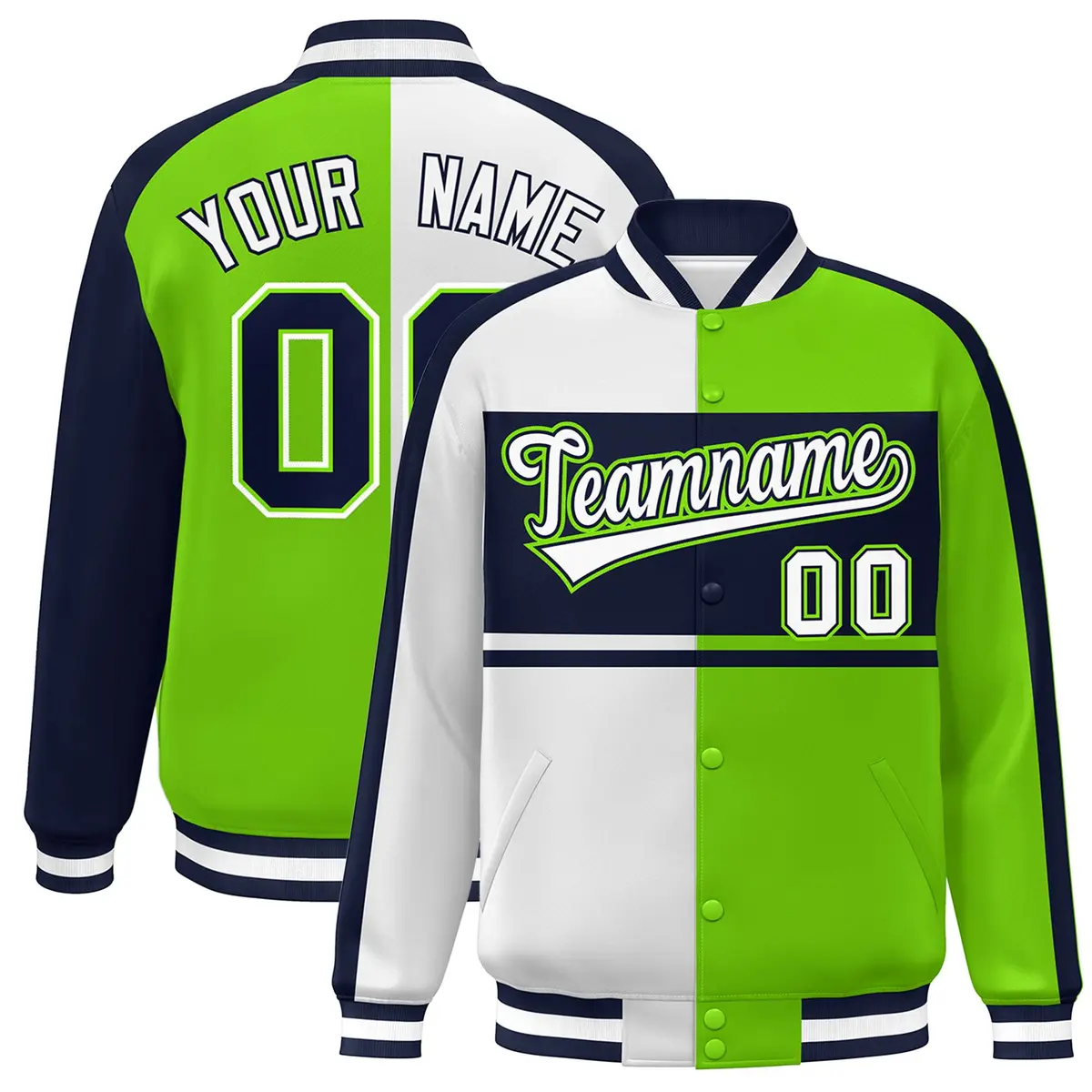 White Neon Green-Navy Color Block Varsity Baseball Jacket