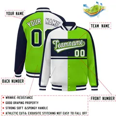 White Neon Green-Navy Color Block Varsity Baseball Jacket 2