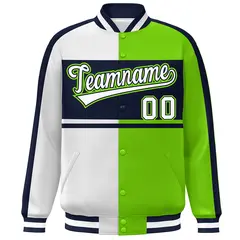 White Neon Green-Navy Color Block Varsity Baseball Jacket 3