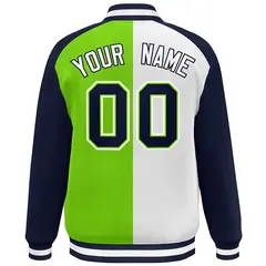 White Neon Green-Navy Color Block Varsity Baseball Jacket 4