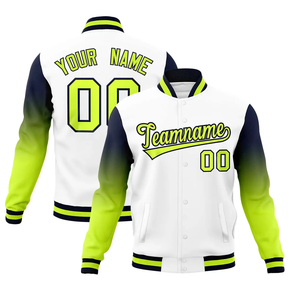 White Neon Green Navy Gradient Varsity Raglan Letterman Jacket