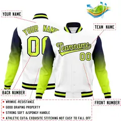 White Neon Green Navy Gradient Varsity Raglan Letterman Jacket 2