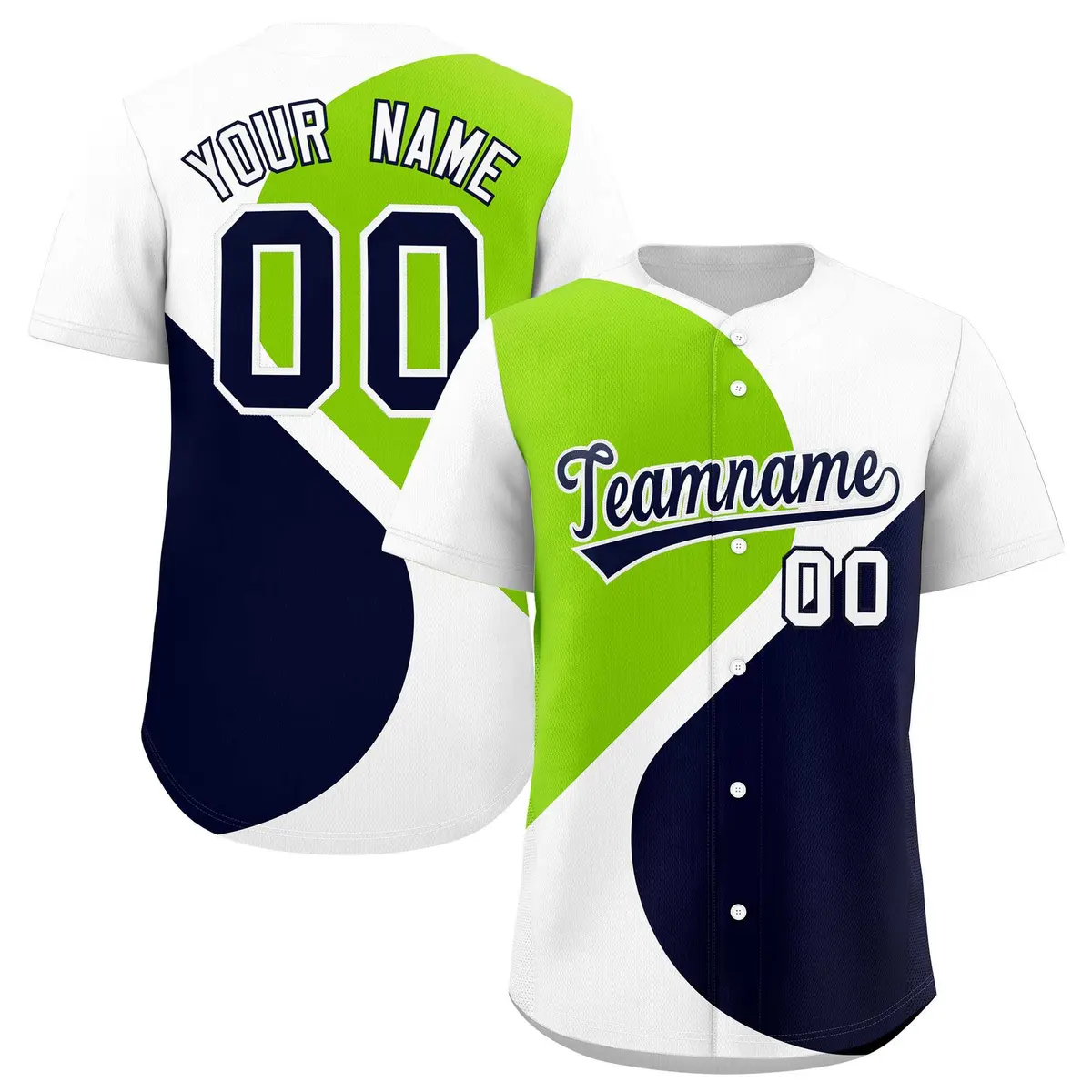 White Neon Green-Navy Half Heart Color Block Baseball Jersey