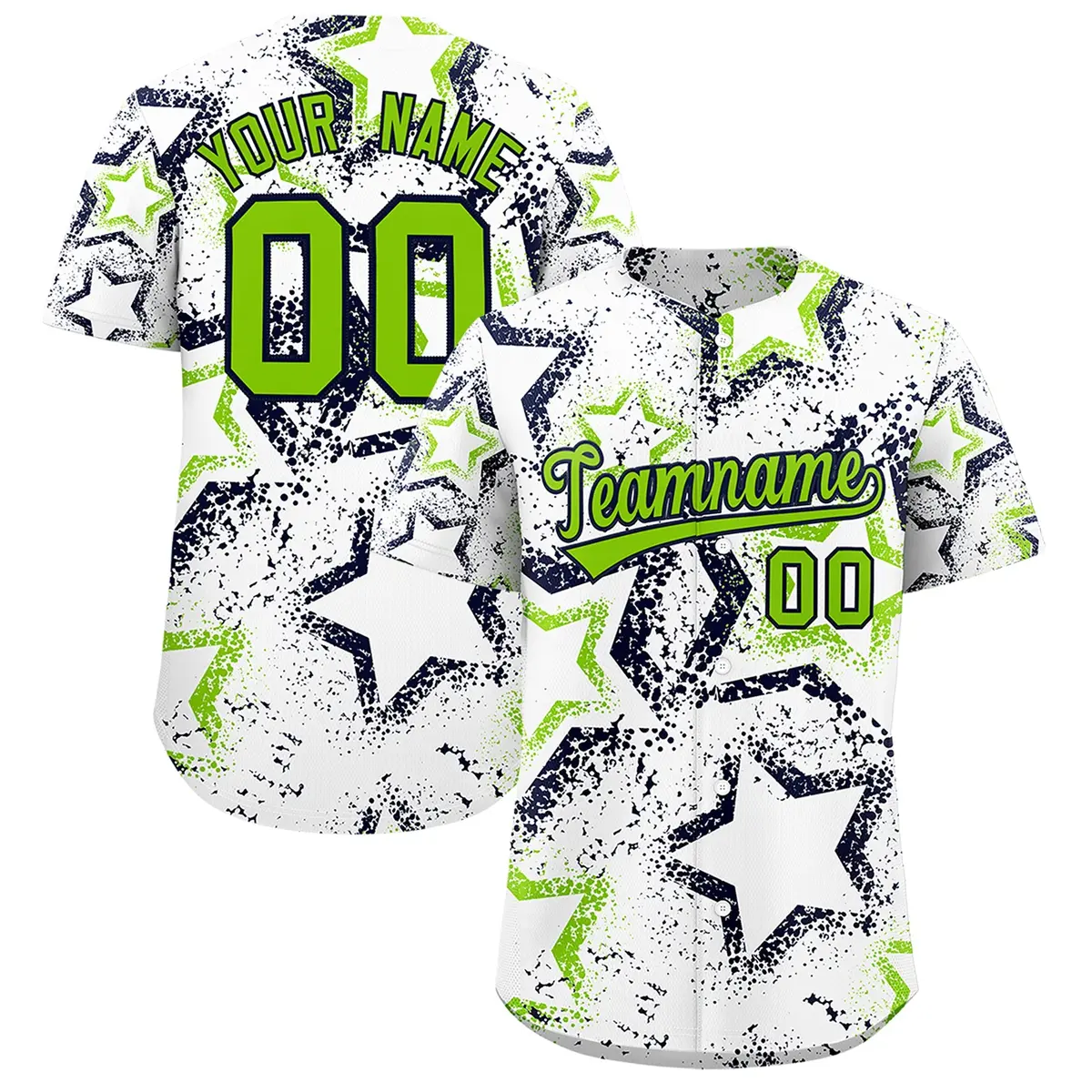 White Neon Green Navy Star Ink Graffiti Baseball Jersey