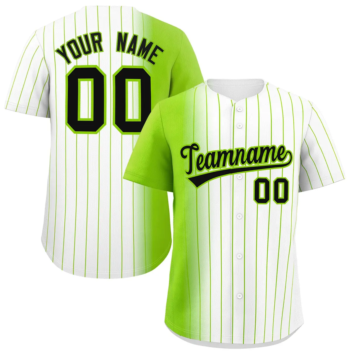 White Neon Green Pinstripe Gradient Baseball Jersey