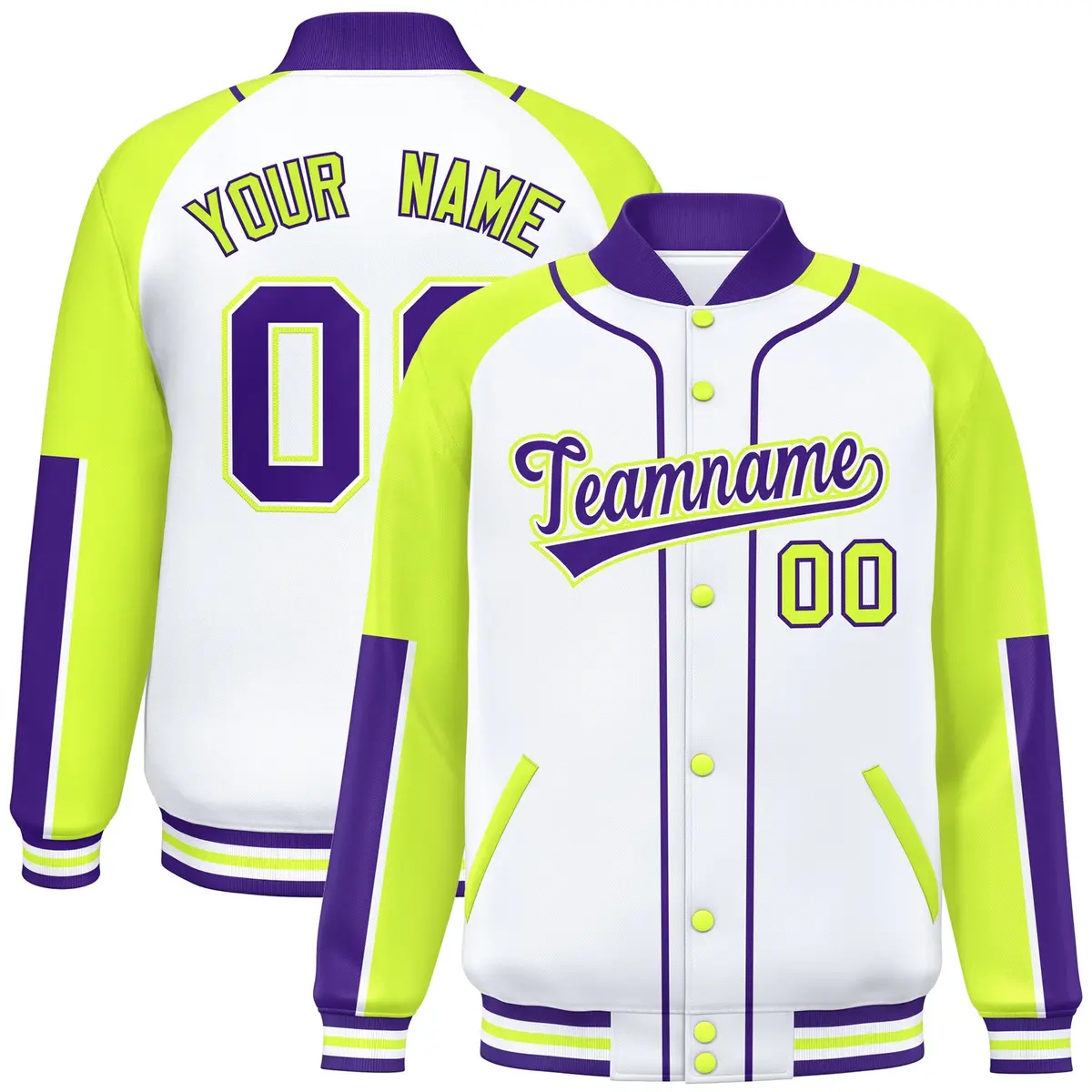 White Neon Green-Purple Raglan Full-Snap Letterman Baseball Jacket