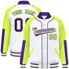 White Neon Green-Purple Raglan Full-Snap Letterman Baseball Jacket 1
