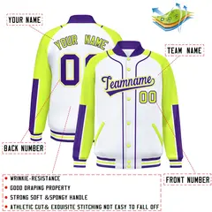 White Neon Green-Purple Raglan Full-Snap Letterman Baseball Jacket 2