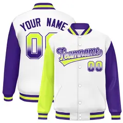 White Neon Green-Purple Raglan Varsity Letterman Baseball Jacket 1
