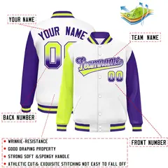 White Neon Green-Purple Raglan Varsity Letterman Baseball Jacket 2