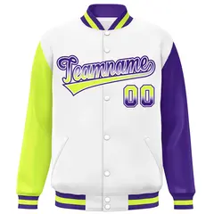 White Neon Green-Purple Raglan Varsity Letterman Baseball Jacket 3