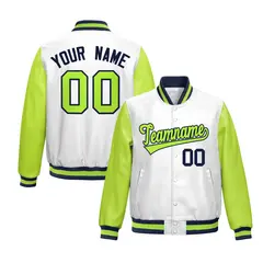 White Neon Green Raglan Full-Snap Varsity Faux Leather Letterman Jacket 1