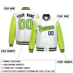 White Neon Green Raglan Full-Snap Varsity Faux Leather Letterman Jacket 2