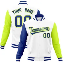 White Neon Green-Royal Raglan Full-Snap Varsity Letterman Jacket