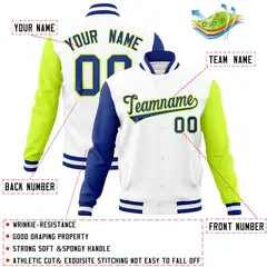 White Neon Green-Royal Raglan Full-Snap Varsity Letterman Jacket 4
