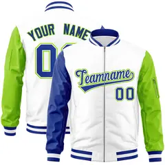 White Neon Green-Royal Raglan Sleeves Full-Zip Letterman Bomber Jacket 1