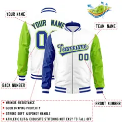 White Neon Green-Royal Raglan Sleeves Full-Zip Letterman Bomber Jacket 2