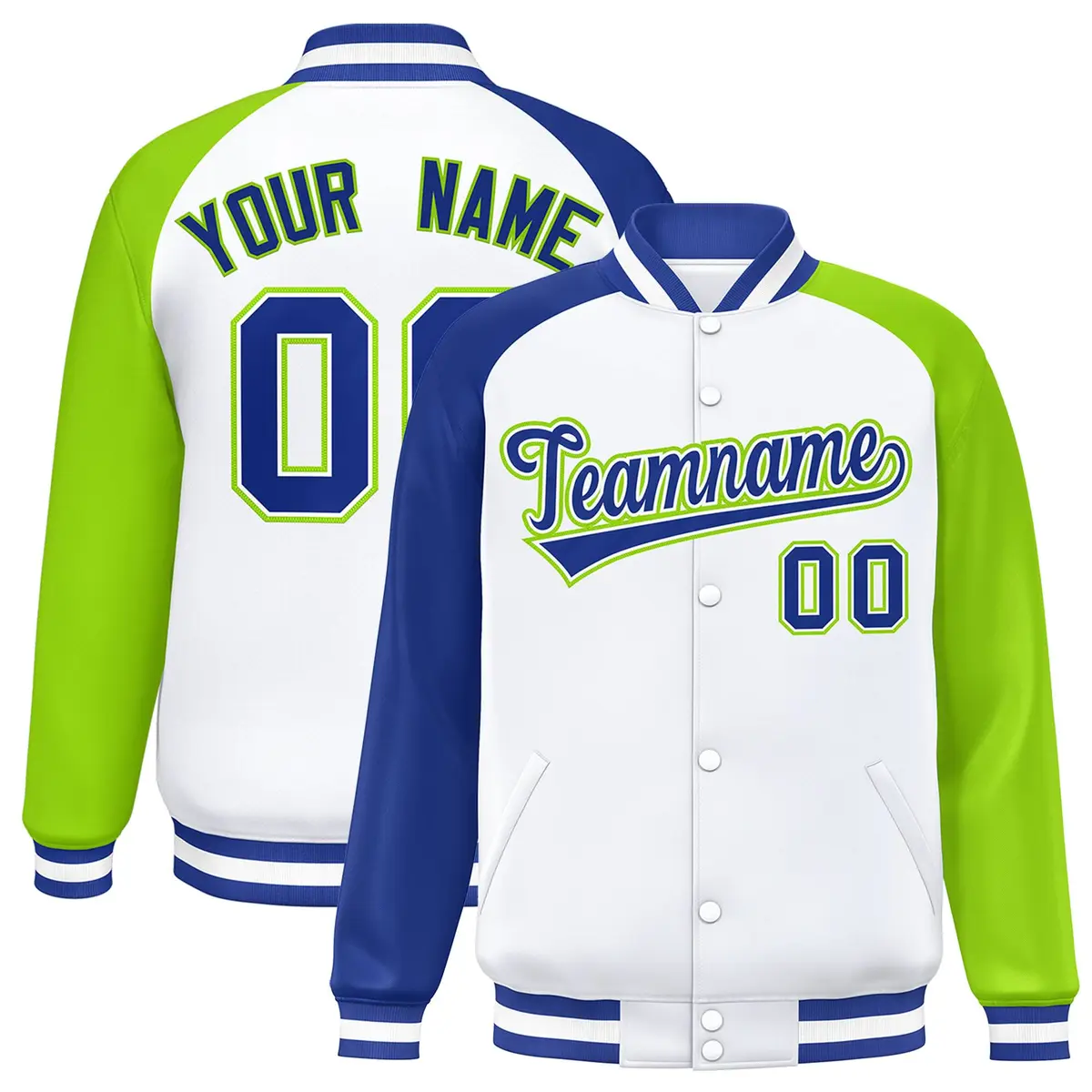 White Neon Green-Royal Varsity Raglan Letterman Bomber Jacket