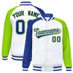 White Neon Green-Royal Varsity Raglan Letterman Bomber Jacket 1