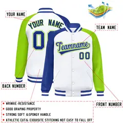 White Neon Green-Royal Varsity Raglan Letterman Bomber Jacket 2