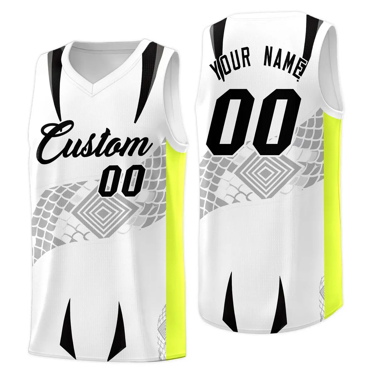White Neon Green Snake Scale Venomous Fang Graffiti Basketball Jersey